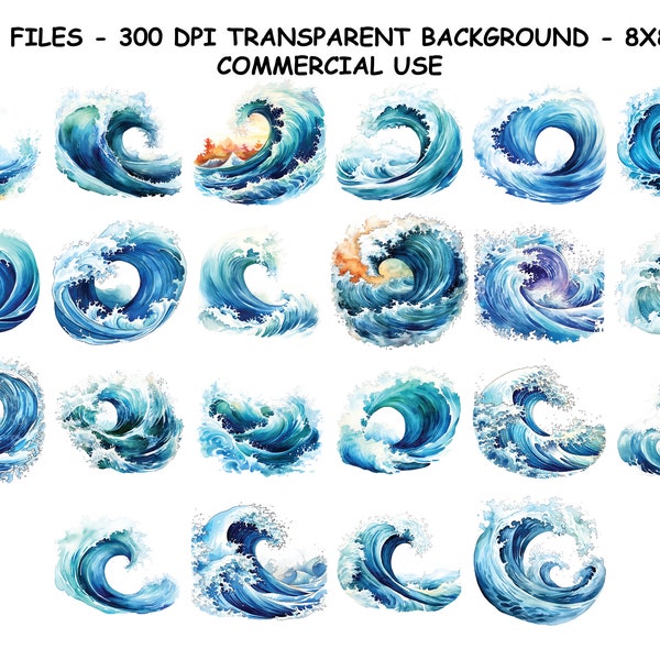 WATERCOLOR OCEAN WAVES Clipart, Watercolor Ocean Waves Png Files, Transparent Background Png for Commercial Use