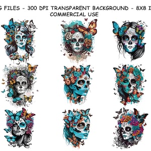SUGAR SKULL PNG, Bunter Zuckerschädel Png, Tag des Toten Schädels, Zuckerschädel Aquarell Png, Schädel mit Schmetterlingen