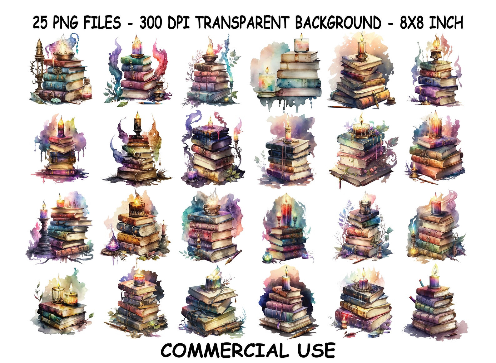 Magic Stack Png MAGIC BOOKS WATERCOLOR Clipart, Books With Candle Watercolor Png, Magic ...