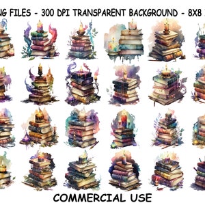 May include: 25 watercolor illustrations of stacks of books with candles on top. The books are in various shades of brown, red, and blue. The candles are lit and have a warm glow. The background is a soft watercolor wash of pink, blue, and green. The text "COMMERCIAL USE" is at the bottom of the image.