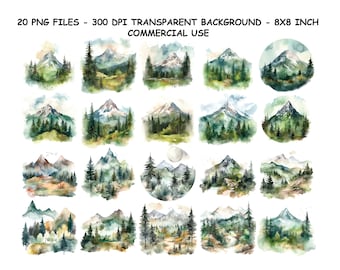 MONTAGNE FORÊT aquarelle Clipart, montagne forêt aquarelle Png fichiers, fond Transparent Png