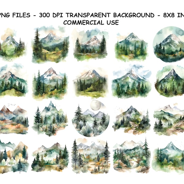 MONTAGNE FORÊT aquarelle Clipart, montagne forêt aquarelle Png fichiers, fond Transparent Png