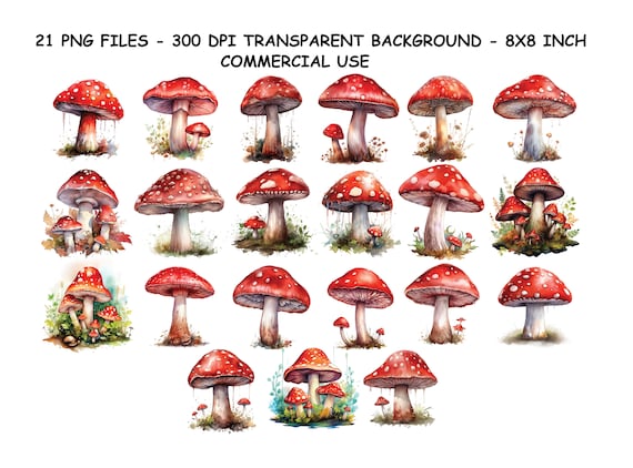 WATERCOLOR RED MUSHROOMS Clipart, Watercolor Red Mushrooms Png For Commercial Use, Mushroom Clip Art