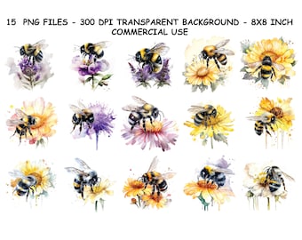 Watercolor Bumble Bee Clipart, spring garden bee clip art PNG graphics instant download for commercial use