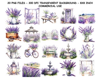 WATERCOLOR LAVENDER GARDEN Clipart, Lavender Clipart Png, Commercial Use Lavender Clipart