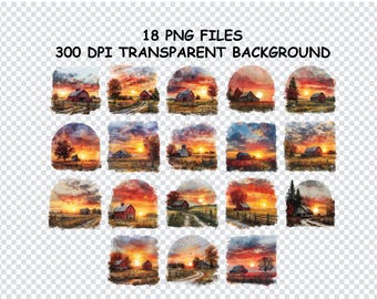 SUNSET FARM WASSERFARBE Png, Ländliche Szene Clipart, Land Landschaft SVG-Dateien für Cricut, pastorale Ansicht