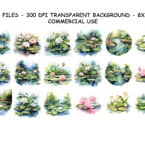 WATERCOLOR LILY POND Clipart, Arquivos Png de Aquarela Lily Pond, Fundo Transparente Png para Uso Comercial