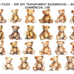 May include: 23 watercolor illustrations of brown teddy bears in various poses. The bears are sitting, standing, and looking in different directions. The illustrations are on a white background.