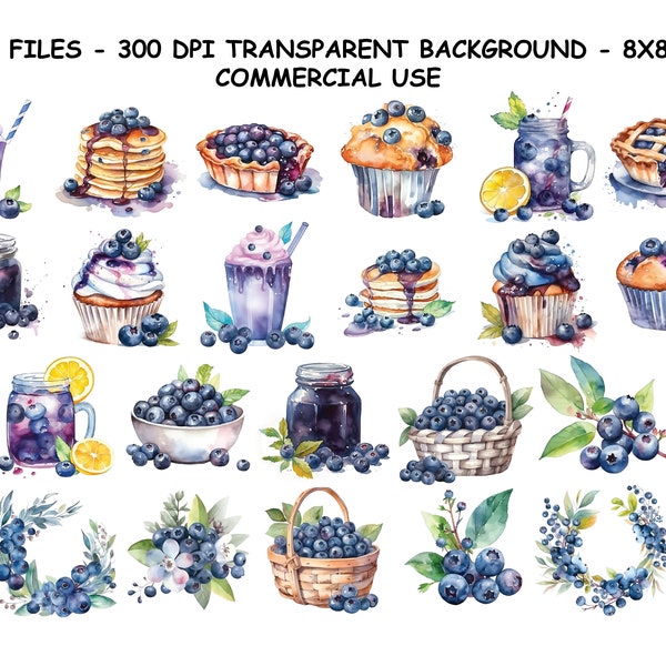 WATERCOLOR BLUEBERRIES CLIPART, Watercolor Blueberries Png For Commercial Use