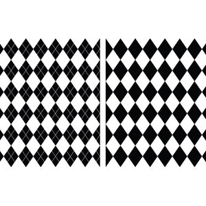 May include: Two black and white diamond patterns. The pattern on the left has a dotted line design within the diamonds. The pattern on the right has solid black diamonds.