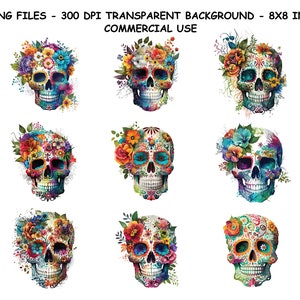 SUGAR SKULL PNG, bunter Zuckerschädel Png, Tag des Toten Schädels, Zuckerschädel Aquarell Png, Schädel mit Blumen