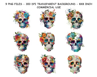 SUGAR SKULL PNG, bunter Zuckerschädel Png, Tag des Toten Schädels, Zuckerschädel Aquarell Png, Schädel mit Blumen