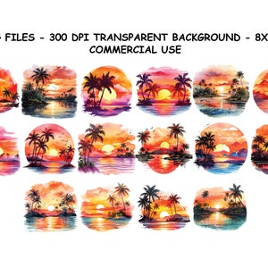 WATERCOLOR TROPICAL SUNSETS Clipart, Watercolor Tropical Sunsets Png Files, Transparent Background Png for Commercial Use