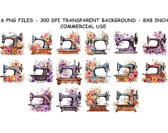 Aquarelle FLORAL SEWING MACHINES Clipart, Aquarelle Floral Sewing Machines Png Files, Transparent Background Png pour un usage commercial