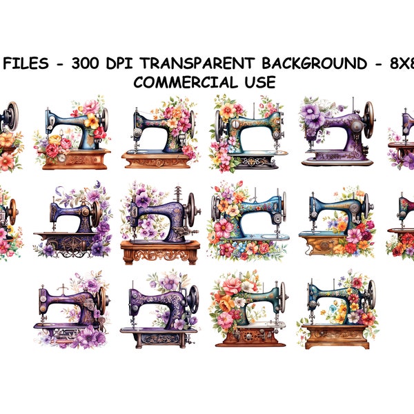 Watercolor FLORAL SEWING MACHINES Clipart, Watercolor Floral Sewing Machines Png Files, Transparent Background Png for Commercial Use