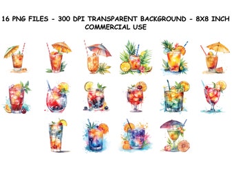WATERCOLOR COCKTAIL CLIPART, Watercolor Cocktail Clipart Png Files, Transparent Background Png