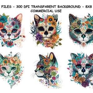SUGAR SKULL CAT Png, Bunte Zuckerschädel Katze Png, Tag des Toten Schädels, Zuckerschädel Katze Aquarell Png