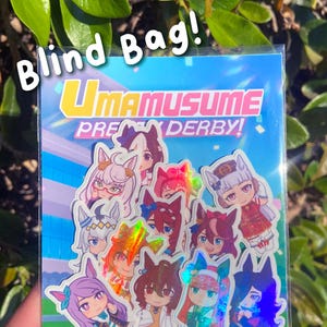 Puede incluir: Una funda de plástico transparente que contiene una colección de pegatinas de estilo anime. Las pegatinas presentan ilustraciones coloridas de personajes con orejas de animales, con el texto "Umamusume Pretty Derby!" y "Blind Bag!" visibles.