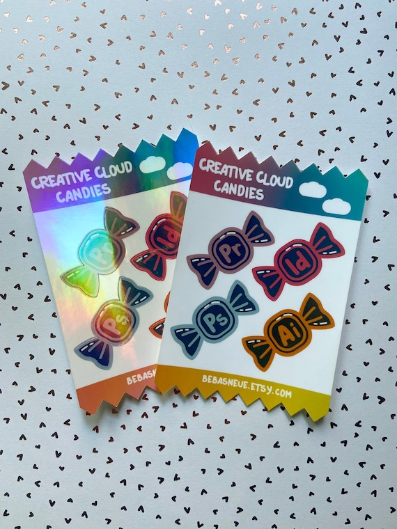 Creative Cloud Candies Sticker Sheet //  Graphic Design Water-Resistant Water Bottle Stickers/ Laptop Stickers/ Sparkly Holographic Decal