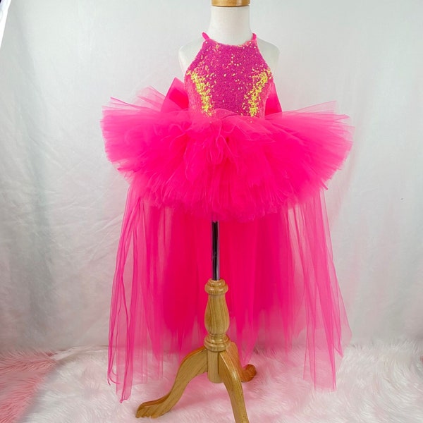 Custom Logo Sequin Hot Pink Chris Cross two piece Birthday Dress/ Halter top/ HOT PINK High Low Full Tutu With Jumbo Bow Detail and sequin