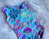 REVERSIBLE RASH SWIMSUIT Sea Shells,StarsPrintPurple,Blue Spandex toddlers baby girls cute summer swimsuit, reversible one shoulder swimsuit