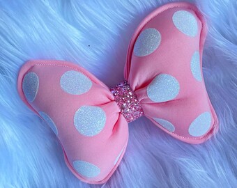 Minnie Inspired Pink Pillow White Glitter Dotted cute Hairbow, Disney world cute  puffy pillow Minnie matching Glitter Dotted hairbow