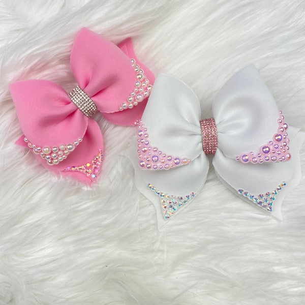 White and pink Stunning Baby girl hair Bow rhinestone and pearls details/ cute special occasion baby girl fancy hairbows