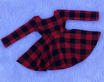 Black/Red Buffalo Plaid Long Sleeves Newborn-5T A line skirt baby girl Short Dress