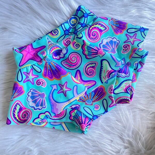 Purple/Ocean Blue Swim Waer Skirted Bummies. Cute Stylish Sea Print, Sea Stars, shells, Sea Print High waisted newborn/toddlres Swim skirt