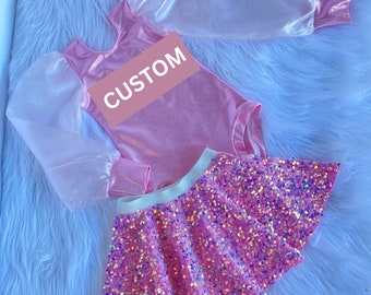 Custom Name Glitter Metallic Baby Pink Long Bubble Sleeves round neck baby girl bodysuit/Metallic iridescent Leotard. dancer wear