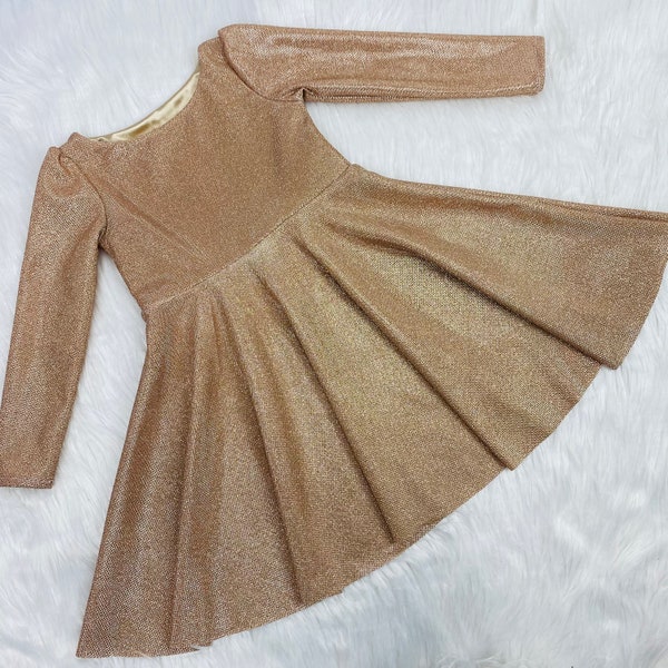 Special Occasion rosegolden Long sleeves dress with round neck. Rosegol glitter knit iridescent Evening toddler girl dress. Cute glitter