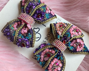 Cute Purple/Pink Sequin Trim Pigtails Hairbows for baby girls. Pair of Glamorous purple sequin trim Mini Hairbow pigtails