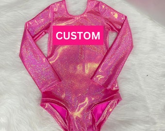Custom Name Long Sleeves Glitter Metallic Hot pink round neck baby girl hologram Pink  bodysuit/Leotard . Ballerina bodysuit, dancer wear