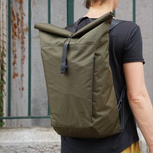 Green X-Pac Roll Top Backpack, Ultralight and Waterproof City Backpack, handmade in Italy, Techwear rucksack, Commuter bag, Bike Bag.