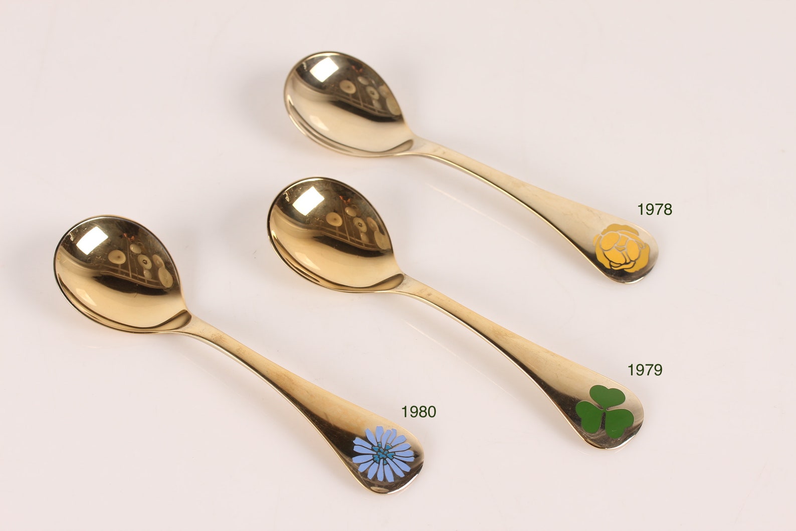 Jensen Year Spoons With Flower Motiv Gold Plated Silver Danish