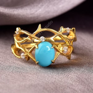 Arizona Sleeping Beauty Turquoise 14K Yellow Gold Ring Gift For Her Anniversary Gift Turquoise Band Ring December Birthstone Ring