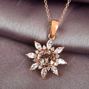 Colar de morganita de 8 mm, pingente de morganita natural, colar de ouro rosa, pingente floral, pingente de halo de morganita, pingente de aglomerado de morganita