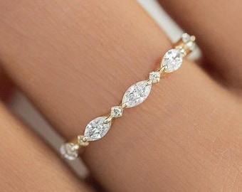 Yellow gold wedding band women Moissanite wedding band vintage Marquise cut stacking matching Unique Half eternity Bridal Promise gift