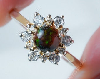 Black Opal Engagement Ring, Black opal ring, Opal Gold Ring, Opal Floral Ring,  Black gemstone Ring, Opal wedding Ring, Anniversary Ring