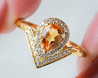 Art Deco Citrine Ring, Citrine Sterling Silver Ring, Pear Cut Yellow Gemstone Ring, Vintage citrine Ring Yellow Gemstone Ring
