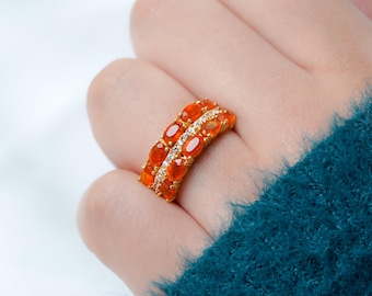 Anillo de ópalo de fuego mexicano, anillo de compromiso de ópalo de fuego, anillo de media eternidad, anillo de ópalo de fuego, anillo de ópalo, anillo de gema naranja