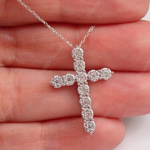 2.50 MM Brilliant Round Moissanite Diamond Cross Pendant In Solid 14K White Gold, Anniversary Pendant, Custom Moissanite Jewelry