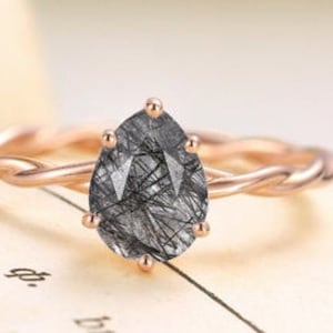 Unique Black Rutile Quartz Engagement Ring-Black Rutilated Quartz Promise Ring-Black Rutile Vintage Ring For Her, Solitaire Ring