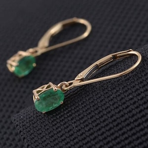 Natural Emerald Yellow Gold Vermeil Silver Earring, Solitaire Earrings, Lever back Earring,Gift for her, Anniversary Gift, Emerald Earring