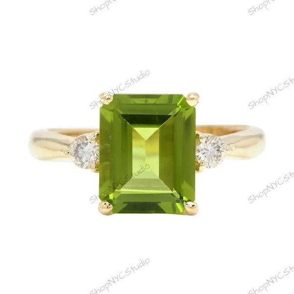 Natural Peridot Ring, 14k solid yellow gold natural AAA quality 10X8 mm emerald cut rectangular shaped peridot semi precious gemstone ring