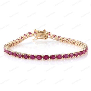 Bransoletka z naturalnego rubinu 14K żółtego złota Vermeil, Bransoletka z rubinem, Bransoletka tenisowa,