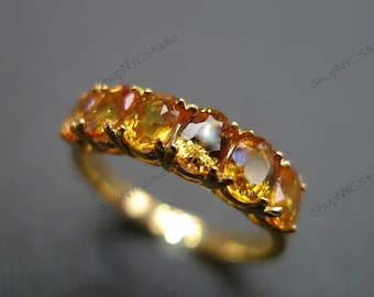 Orangen Saphir Ring, Verlobungsring, Saphir Sterling Silber Ring, Jubiläumsring, 6 Steine Ring, Saphir Gold Ring