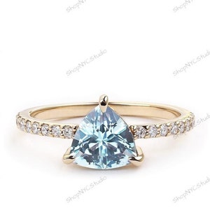 Natural Aquamarine Ring, Trillion Aquamarine 14K Yellow Gold Overly Sterling Silver Ring, Promise Ring, March Birthstone, Statement Ring