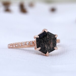 Natural Hexagon cut Black Rutilated quartz halo Wedding Engagement ring Geometric hexagon gemstone rutile quartz tourmalinated quartz