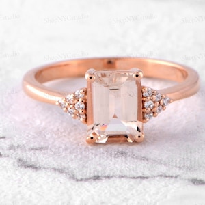 Morganite Ring, Emerald Cut Ring, Morganite Engagement Ring, Gold Wedding ring, Peach Morganite, Octagon Cut, Morganite